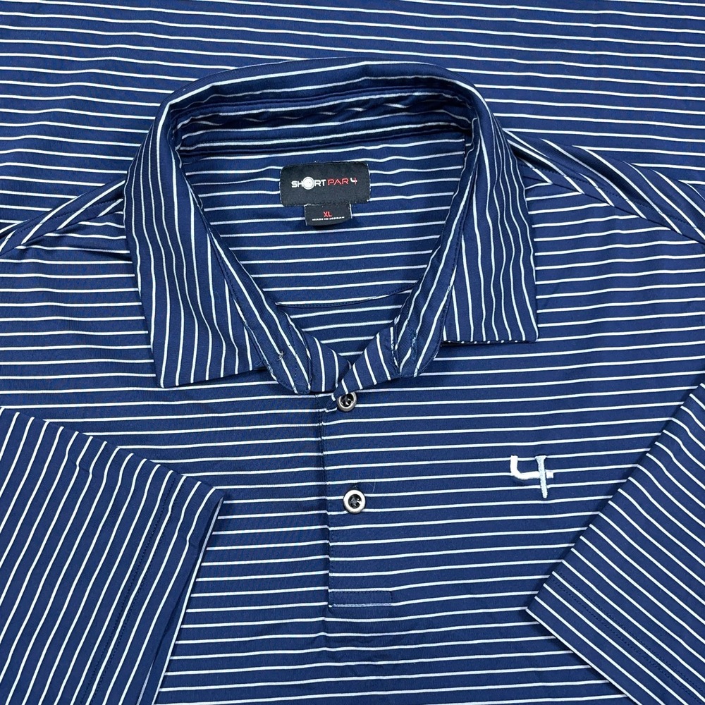 Short Par 4 Polo Shirt Men‎ XL Navy Blue Striped Performance Wicking Golf Adult